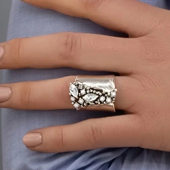 Vintage Inspired Hollow With Embedded Rhinestone, Silver tone Unique Funky Ring - Picture 2 of 8